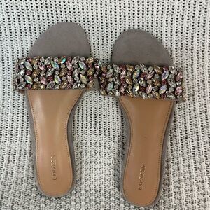 Express Gray Slide Sandals with Multicolor Jewel Embellishments